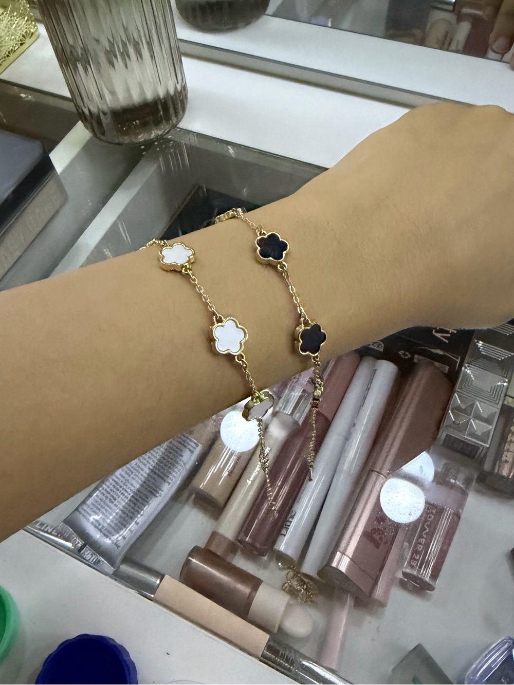 Gold Clover Link Bracelet in White and Black Enamel